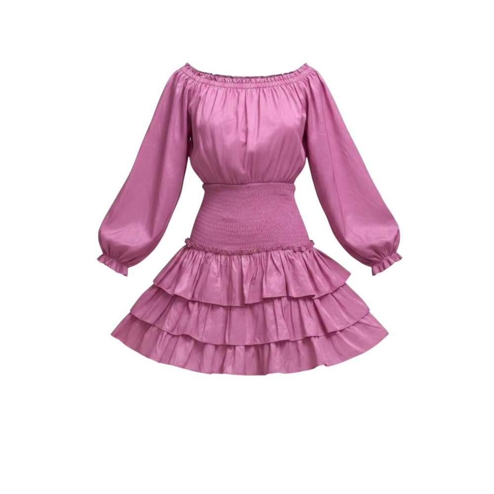 Idem Ditto Dress Womens Size Medium Pink Smocked Tiered Ruffle Mini Off Shoulder
